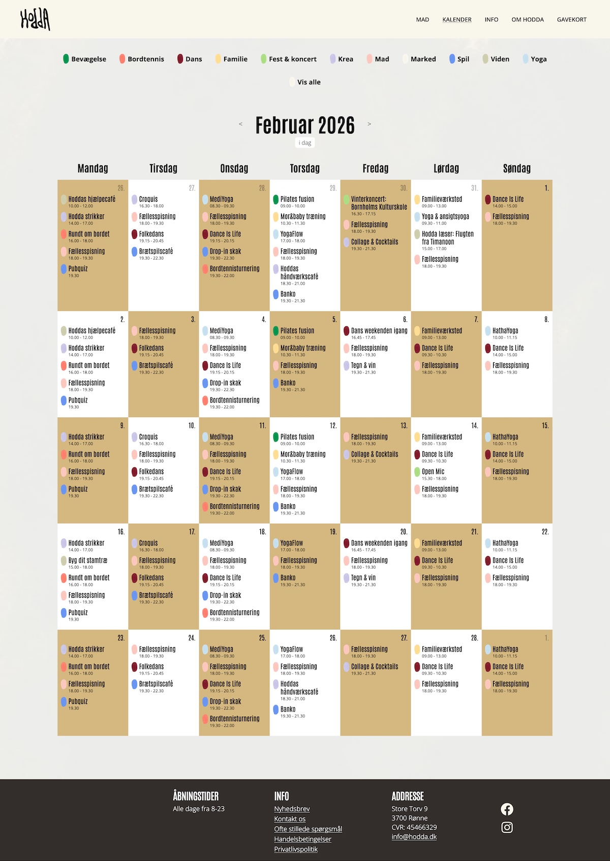 Screenshot af månedskalender for Folkehuset Hodda i Rønne.