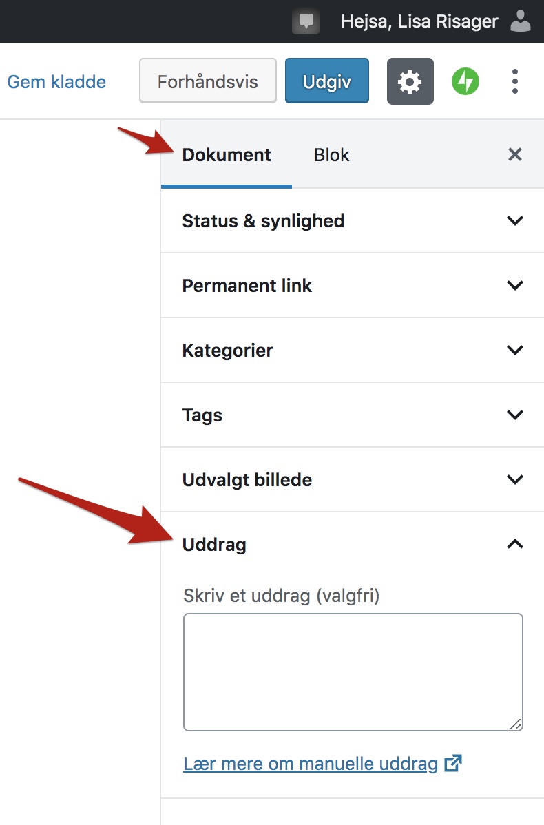 Sådan gør du, hvis du selv vil bestemme hvad der skal stå i uddraget: Dokument > Uddrag.
